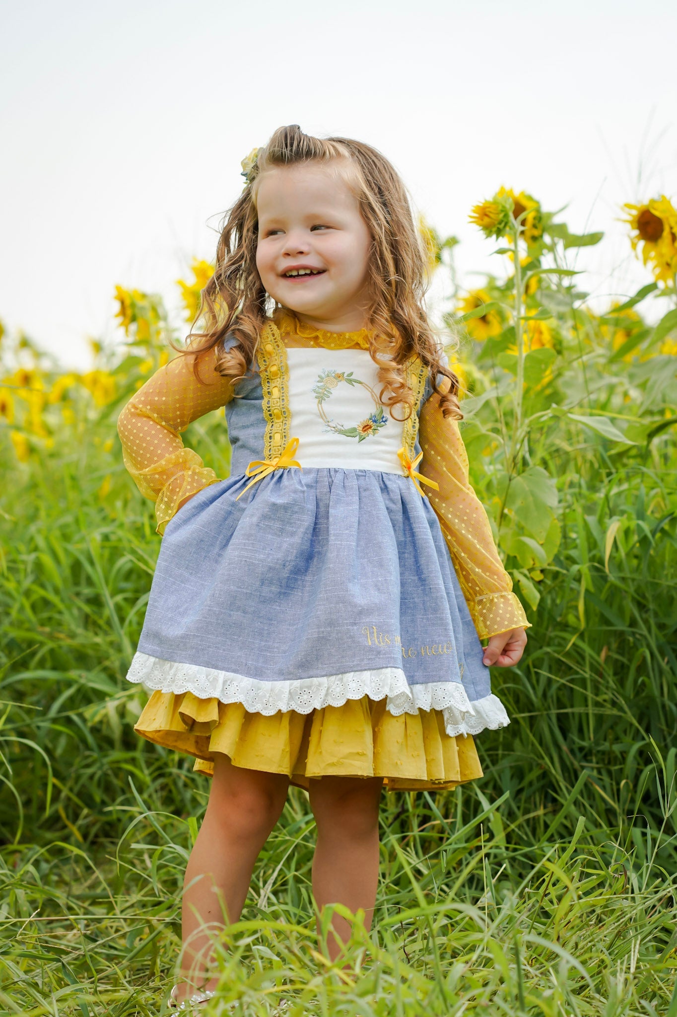 Vintage Sunflower Mustard and Chambray Embroidered Dress and Undershirt - Evie's Closet Clothing