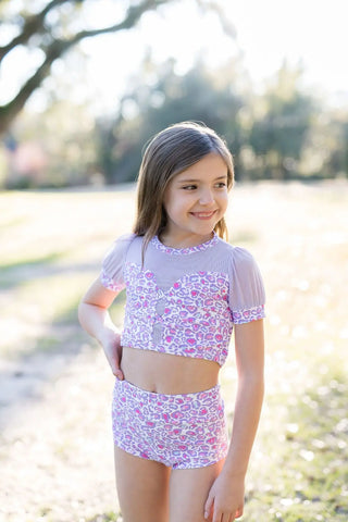 Wild One Pastel Cheetah Print Puff Sleeve Top and Brief Dance Set - Evie's Closet Clothing