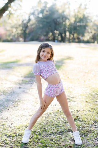 Wild One Pastel Cheetah Print Puff Sleeve Top and Brief Dance Set - Evie's Closet Clothing