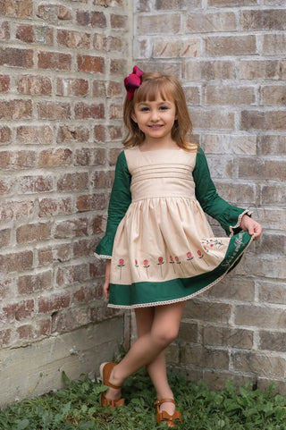 Wildflower Green and Khaki Embroidered Pintucked Dress - Evie's Closet Clothing