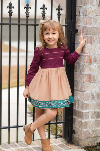 Winter Border Maroon and Tan Embroidered Trim Dress - Evie's Closet Clothing